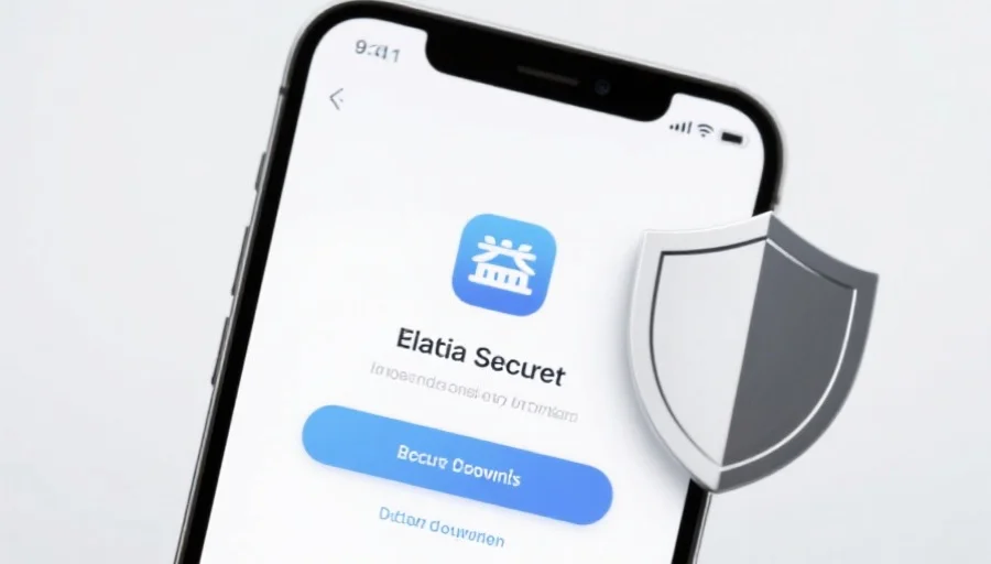 一部现代智能手机屏幕上显示风暴应用的安全下载界面，旁边有安全盾牌图标，背景简洁